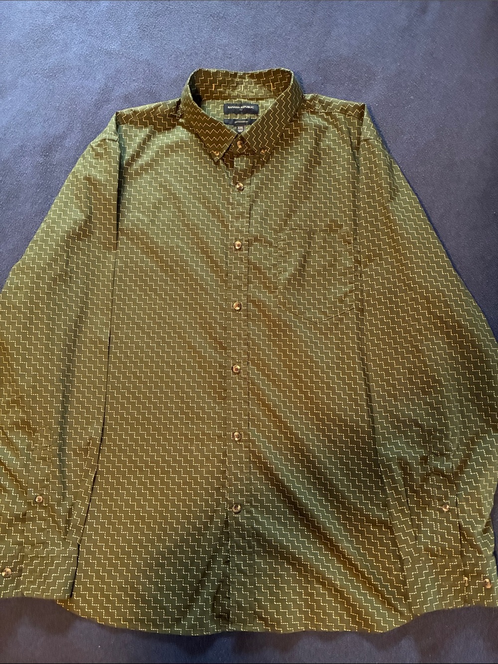Banana Republic Men's Olive Green Geo-Print Button-Down Shirt, XXL